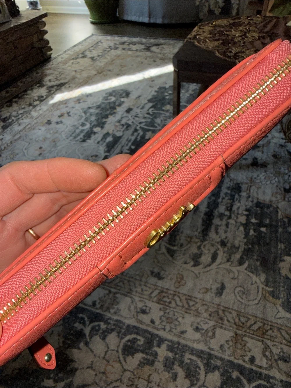 Coach Coral Zip-Around Leather Wallet with Gold Logo